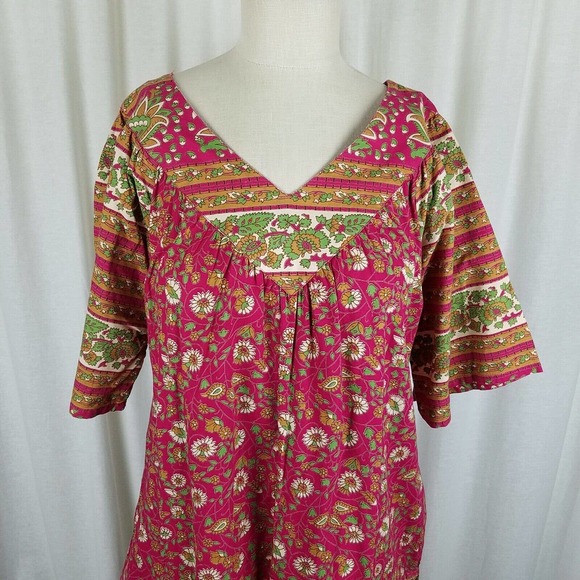 Vintage 70s Kaftan Hawaiian Dress MuuMuu Womens M L VNeck Floral Midi Tiki Luau - Picture 2 of 6